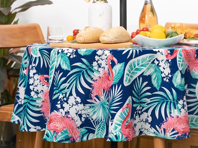 YiHomer Indoor Outdoor Tabletop for Spring Summer Decorations, Picnics and Dinner Parties - Stain and Water Resistant, Flamingo Dancing, Zipper Tablecloth, 60" Round with Umbrella Hole