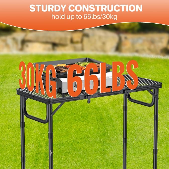 FUNYKICH 3ft Folding Grill Table for Outside 34.2''x15.7'', 3 Height Adjustable Portable Camping Tables, Lightweight Metal Aluminum Outdoor Table with Carry Handle for Camping, Picnic, BBQ, Black