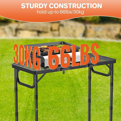FUNYKICH 3ft Folding Grill Table for Outside 34.2''x15.7'', 3 Height Adjustable Portable Camping Tables, Lightweight Metal Aluminum Outdoor Table with Carry Handle for Camping, Picnic, BBQ, Black