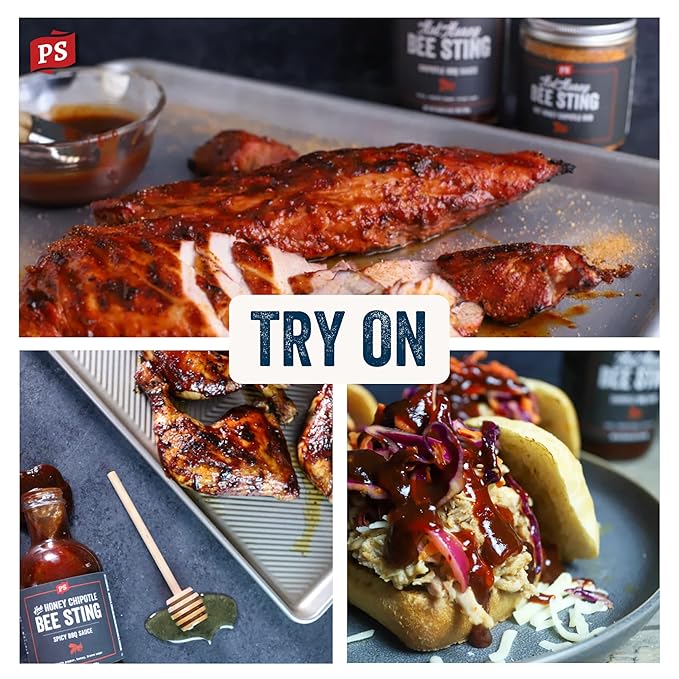 PS Seasoning Hot Honey Bee Sting Chipotle BBQ Sauce - All-Purpose Glaze, Marinade, Baste, and Dip - Sweet and Spicy Grilling Sauce for Chicken Wings, Pulled Pork, Salmon, and more