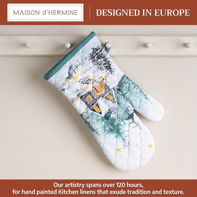 Maison d'Hermine Oven Gloves 100% Cotton Oven Mitt (7" x 13", Pack of 1) | With Loop Heat Resistant BBQ Cooking Gloves Baking Kitchen Handling Hot Pans Thanksgiving Christmas - Neige de Noel