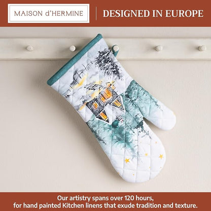 Maison d'Hermine Oven Gloves 100% Cotton Oven Mitt (7" x 13", Pack of 1) | With Loop Heat Resistant BBQ Cooking Gloves Baking Kitchen Handling Hot Pans Thanksgiving Christmas - Neige de Noel