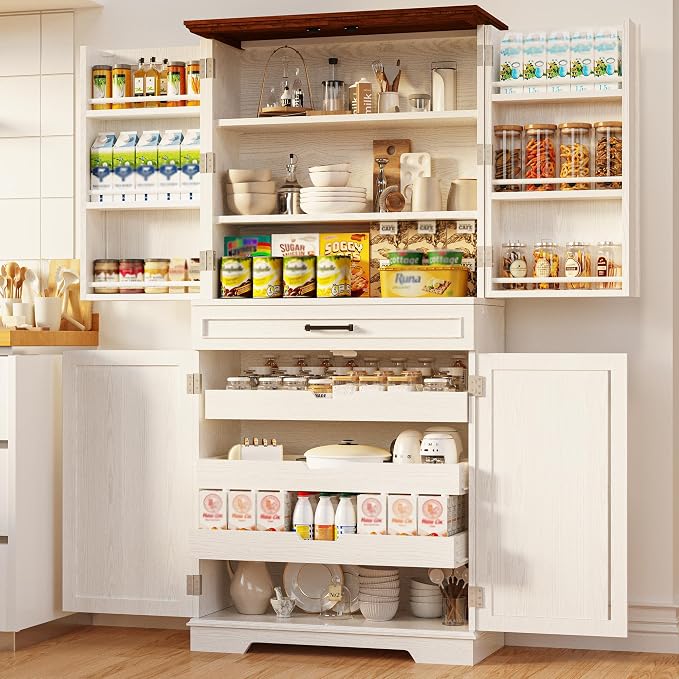 IRONCK 72" Kitchen Pantry Cabinet with Sliding Rack & Adjustable Shelves | Kitchen Storage Cabinets with Drawers and Door Shelves, Freestanding Cupboard for Dining Room, Living Room, White