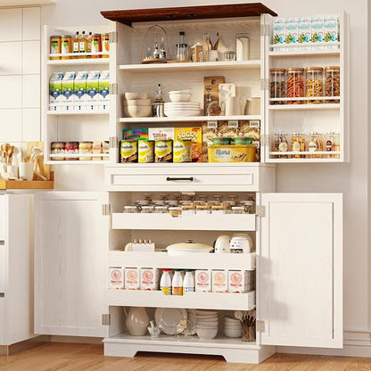 IRONCK 72" Kitchen Pantry Cabinet with Sliding Rack & Adjustable Shelves | Kitchen Storage Cabinets with Drawers and Door Shelves, Freestanding Cupboard for Dining Room, Living Room, White