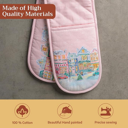 Maison d' Hermine Double Oven Mitts 100% Cotton Double Oven Glove (7"x35") | Heat Resistant BBQ Cooking Gloves with Loop Baking Kitchen Home Farmhouse Thanksgiving Christmas - Christmas Market - Pink