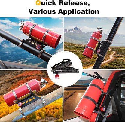 Adjustable Roll Bar Fire Extinguisher Mount Holder for Jeep Wrangler TJ JK JKU JL UTV Polaris RZR Ranger Camper Van, Aluminum, Quick Release, Upgrade