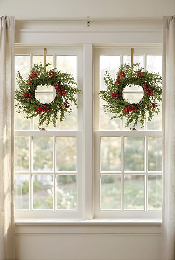 2 Pcs Christmas Candle Rings Wreaths, 10 Inch Candle Wreath with Artificial Berries Rosemary, Christmas Candle Holder Indoor Decor for Home Kitchen Cabinets Centerpieces for Tables