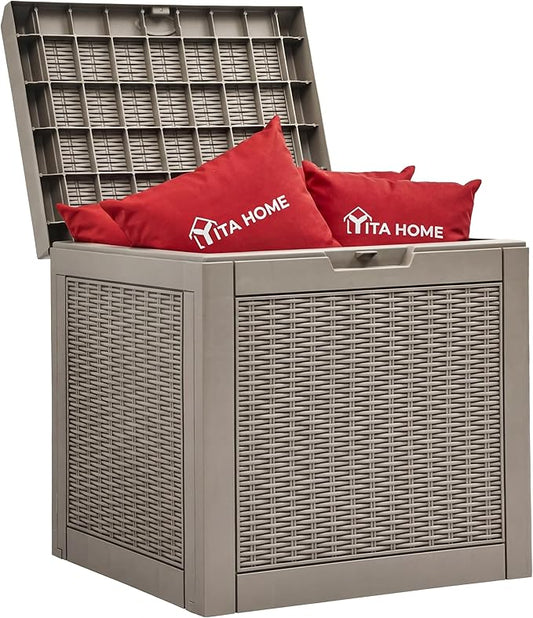 YITAHOME 32 Gallon Deck Box, Resin Storage with Lockable Lid & Side Handles, Indoor Outdoor Small Container for Patio Cushion, Garden Pool Accessories, Backyard Furniture, Water Resistant
