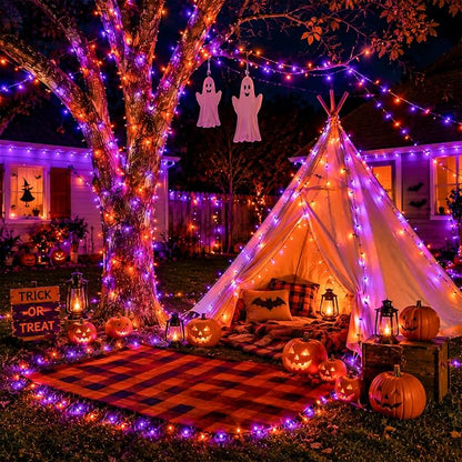 YEGUO 2 Pack Orange and Purple Solar Halloween Lights, Each 33ft 100 LED Solar String Lights Outdoor Waterproof, 8 Modes Solar Christmas Lights Outdoor for Bedroom Patio Garden Halloween Party Decor