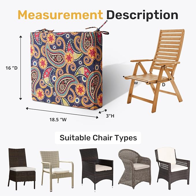 UNIKOME Outdoor Chair Cushions Pack of 4, Water Resistant Patio Cushions with Ties, High Density Sponge Filling Square Corner Seat Cushions for Outdoor Furniture, 18.5"*16"*3", Palmira Paisley