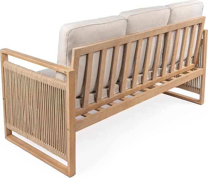JONATHAN Y Gable Acacia Wood and Woven Rope 63" Outdoor Sofa, 3-Seater Patio Bench with Weather-Resistant Beige Cushions for Backyard and Porch, Bohemian Style, Light Teak Finish SFB1002A