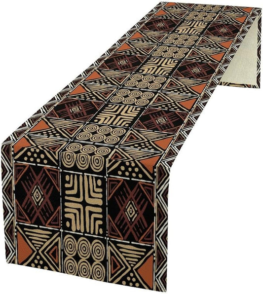 Vintage African Geometric Tribal Table Runner Colorful Abstract Africa Traditional Mud Pattern Seasonal Summer Holiday Dinner Runner for Farmhouse Dinner Table Party Decor Brown 13x60in