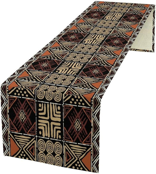 Vintage African Geometric Tribal Table Runner Colorful Abstract Africa Traditional Mud Pattern Seasonal Summer Holiday Dinner Runner for Farmhouse Dinner Table Party Decor Brown 13x120in
