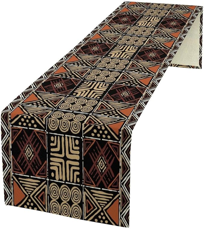 Vintage African Geometric Tribal Table Runner Colorful Abstract Africa Traditional Mud Pattern Seasonal Summer Holiday Dinner Runner for Farmhouse Dinner Table Party Decor Brown 13x90in