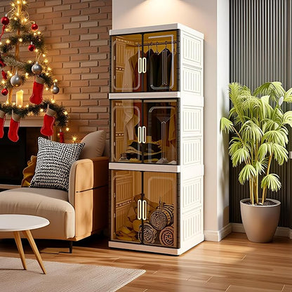 YHB Easy Assembly Wardrobe Portable Closet Storage Cabinet, Pet Collapsible Clothes Organizers,White, Collapsible Wardrobe with Visualization Doors, Rolling Wheels