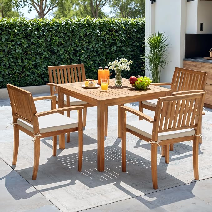 Greesum 5 Piece Patio Dining Set Outdoor Solid Wood Furniture w/Square Tabletop & 4 Chairs for Yard, Garden, Porch, White
