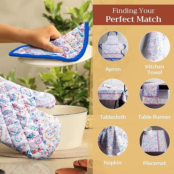 Maison d' Hermine Pot Holders 100% Cotton Heat Resistant Potholders 8" x 8" Hot Pads with Loop BBQ Cooking Baking Hotel Farmhouse Kitchen Handling Hot Pans Spring Summer (Pack of 2, Indian Floral)