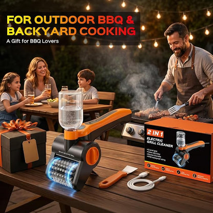 Electric Grill Brush, 100W High Torque Motor BBQ Cleaner with 300ml Water Spray,IPX8 Waterproof & Heat-Resistant, 2-Speed Rechargeable for Gas Charcoal Grill, Includes Scraper & Carry Case