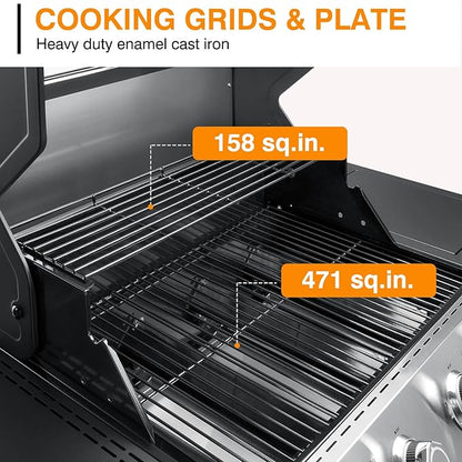 4-Burner Propane Gas Grill with Side Burner, 60,000 BTUs Output Stainless Steel Propane Grill for Outdoor Cooking and Patio Barbecues
