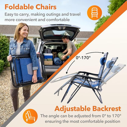 Sweetcrispy Zero Gravity Chairs, Foldable Patio Reclining Chairs with Adjustable Pillow & Cup Holder, Oversized Portable Support 400 lbs, for Backyard Camping, Blue-Gray
