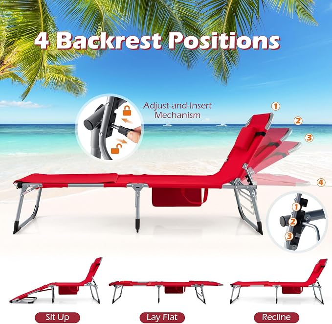GYMAX Tanning Chair, 3 in 1 Sun Bathing Lounge Chairs with Face/Arm Holes & Side Pocket, Portable Lightweight Face Down Layout Tanning Chair for Outside, Beach, Backyard, Poolside (1, Red)