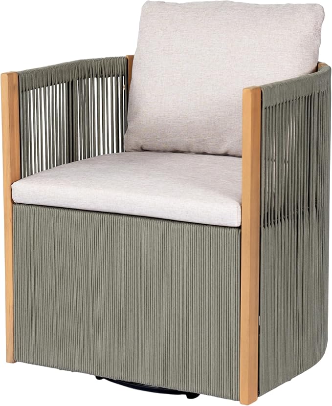 Christopher Knight Home Kato Outdoor Metal & Acacia Wood Frame Swivel Accent Chair with Removable Cushion, 360° Rotating Patio Armchair with Rope Accent, Outdoor Swivel Chair for Garden, Light Grey