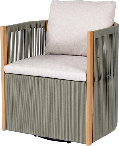 Christopher Knight Home Kato Outdoor Metal & Acacia Wood Frame Swivel Accent Chair with Removable Cushion, 360° Rotating Patio Armchair with Rope Accent, Outdoor Swivel Chair for Garden, Light Grey