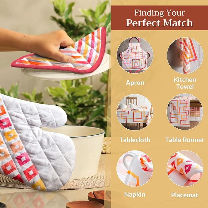 Maison d' Hermine 100% Cotton Oven Mitt & Pot Holder Set (7.5"x13" & 8"x8") Heat Resistant BBQ Cooking Gloves with Loop Baking Grilling Kitchen Hotel Home Farmhouse Spring Summer (Summer Maze)