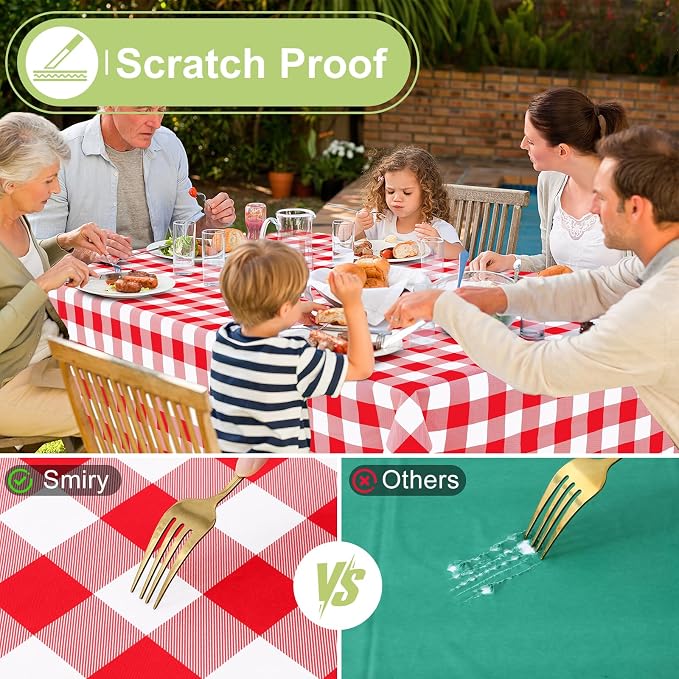 Smiry Picnic Table Cloth, Vinyl Tablecloths with Flannel Backing, 54"x54" | Waterproof Square Table Cloth, Wipeable Buffalo Plaid Table Cover for Indoor and Outdoor (Red & White)