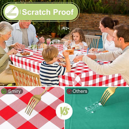 Smiry Picnic Table Cloth, Vinyl Tablecloths with Flannel Backing, 54"x54" | Waterproof Square Table Cloth, Wipeable Buffalo Plaid Table Cover for Indoor and Outdoor (Red & White)