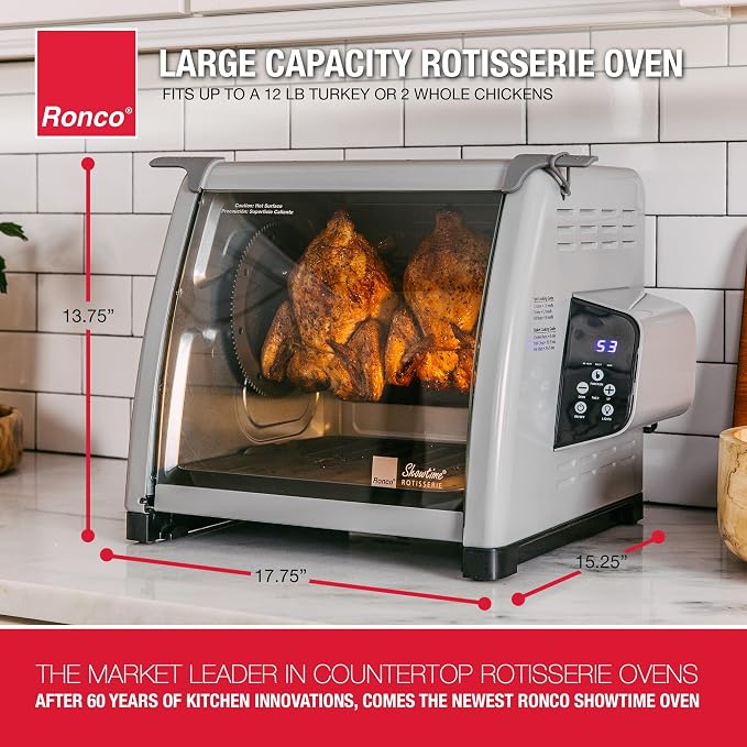 Ronco 6000 Platinum Digital Countertop Rotisserie Oven, 12-lb Capacity | Rotisserie chicken cooks perfectly, 3 functions - rotisserie, sear, no-heat rotation; basket included; auto shutoff