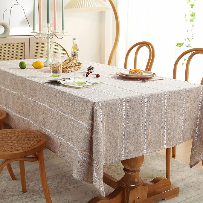 Chassic Rectangle Tablecloth 60 x 120 Inch, Farmhouse Boho Linen Table Cloths, Wrinkle Free & Washable Tablecloths for Dining Tables, Neutral Kitchen & Dining Decor – Hemstitch Light Coffee
