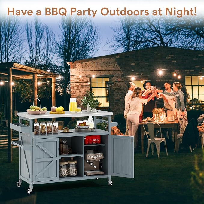 Zevemomo Outdoor Grill Cart with Storage, Lockable Casters, Gray-Blue | Stainless Steel Tabletop Outdoor Kitchen Island, Fir Wood Outdoor Buffet Cabinet for Kitchen & Barbecue