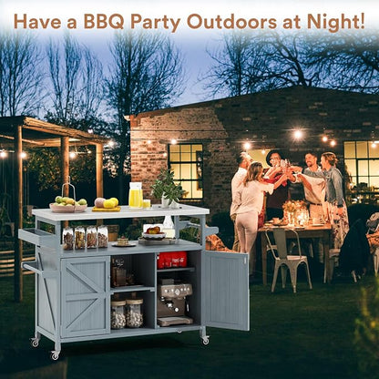 Zevemomo Outdoor Grill Cart with Storage, Lockable Casters, Gray-Blue | Stainless Steel Tabletop Outdoor Kitchen Island, Fir Wood Outdoor Buffet Cabinet for Kitchen & Barbecue