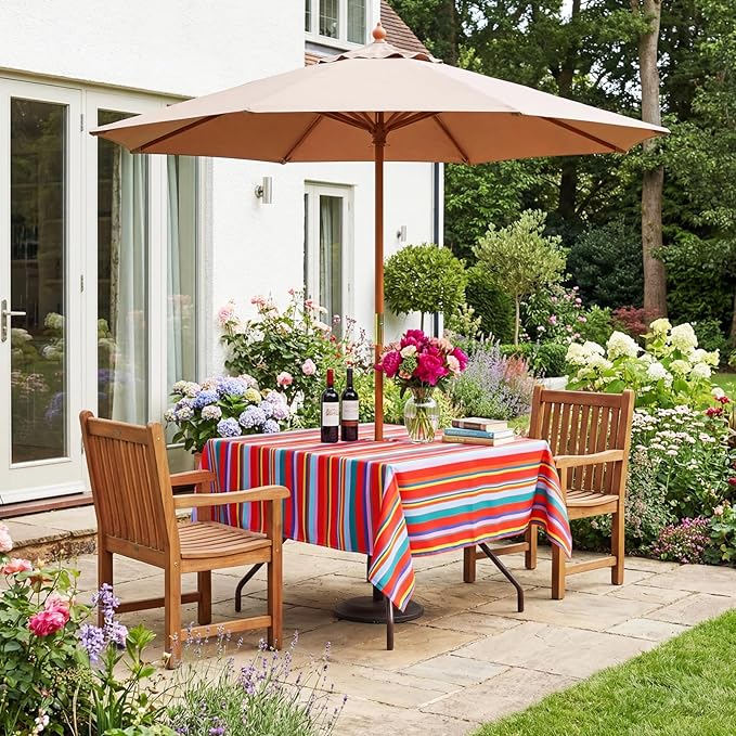 Poise3EHome Square Outdoor Tablecloth with Umbrella Hole and Zipper,Stripe 60x60 Inch,Polyester SpillProof Washable Table Cloth for Spring Summer Patio Garden Poolside Picnic Camping BBQS