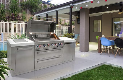 Mont Alpi Premium 94"W x 23"D Stainless Steel Modular Outdoor Kitchen Island with Infrared Side and Rear Burners + 44"W 6-Burner BBQ Gas Grill + White Granite Countertops + Storage Cabinets & Drawers