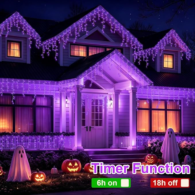 YEGUO 66ft 800 LED Icicle Lights Outdoor Waterproof, 160 Drops Halloween Lights Connectable, 8 Modes Icicle Christmas Light with Memory(Purple)