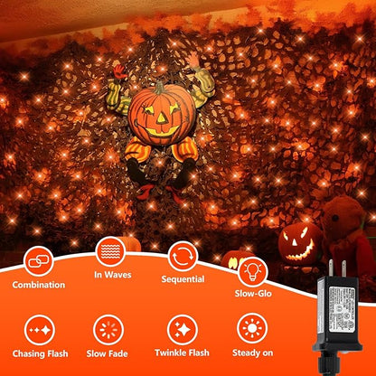 QITONG 360 LED Orange Christmas Net Light Outdoor, 12ft x 5ft Net Lights Outdoor Mesh Lights with 8 Modes, Clear Wire Thanksgiving Bush Light Plug in