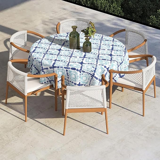 Outdoor/Indoor Round Tablecloth with Umbrella Hole Zipper, Decorative Circular Table Cover for Home Garden, 60 Inch, Boho Geometry Blue