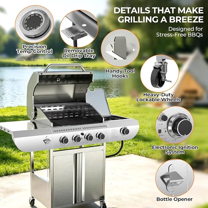 Kismile 4-Burner Propane Gas Grill with Side Burner, Stainless Steel 42,000 BTU BBQ Grill, Enameled Baking Rack & Enamel Grates, Barbecue Grill for Outdoor Cooking, Backyard, Patio, Deck Camping