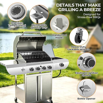 Kismile 4-Burner Propane Gas Grill with Side Burner, Stainless Steel 42,000 BTU BBQ Grill, Enameled Baking Rack & Enamel Grates, Barbecue Grill for Outdoor Cooking, Backyard, Patio, Deck Camping
