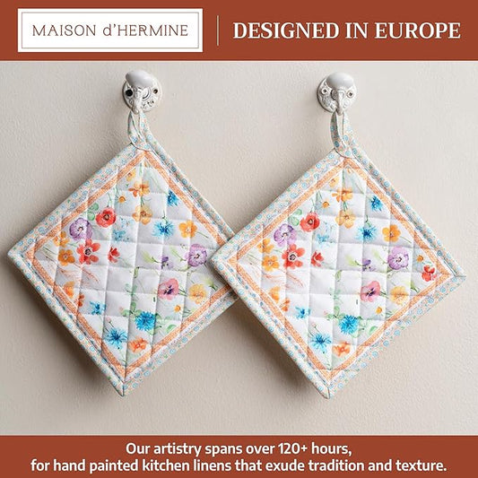 Maison d' Hermine Pot Holders 100% Cotton Heat Resistant Potholders 8" x 8" Hot Pads with Loop BBQ Cooking Baking Hotel Farmhouse Kitchen Handling Hot Pans Spring Summer (Pack of 2, Summer Whisper)