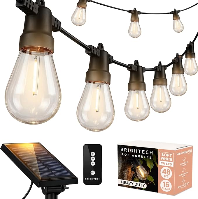 Brightech Ambience Pro Solar Powered Outdoor String Lights, 48 ft Commercial Grade Waterproof Patio Lights, 15 Edison Bulbs, Shatterproof LED String Lights for Outside, Porch - 1W Warm White