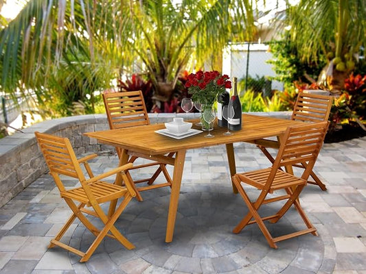 East West Furniture DEBS52CANA 5 Piece Outdoor Patio Dining Sets Includes a Rectangle Acacia Wood Table and 2 Folding Arm Chairs with 2 Side Chairs, 40x72 Inch, Natural Oil