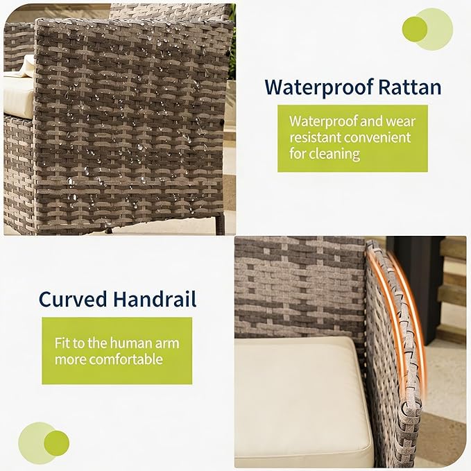 3-Piece Outdoor Furniture Set, PE Rattan Wicker Chairs with Soft Cushions & Tempered Glass Coffee Table - All-Weather Patio Set for Garden, Backyard, Porch, Poolside (Grey/Beige)