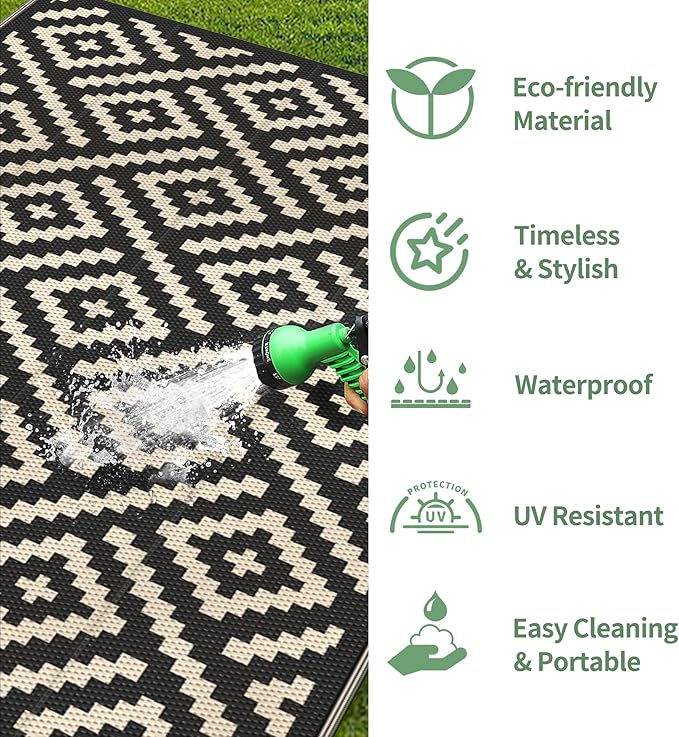 GENIMO Outdoor Rug, Waterproof Plastic Rugs for Patio, 6'x9' Black Beige | Outside Larger Modern Carpet Mat for Porch Decor, Deck, Balcony, Camping, RV, Backyard, Picnic, Beach, Reversible, Foldable