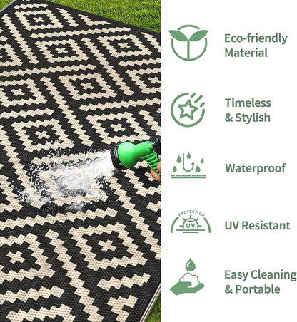 GENIMO Outdoor Rug 4'x6' Waterproof, Reversible Camping Mat, Plastic Straw Rugs for Patio, RV, Camper, Balcony, Backyard, Picnic, Deck (Black & Beige) | Outside Larger Modern Carpet Mat for Porch Decor, Deck, Balcony, Camping, RV, Backyard, Picnic, Bea...