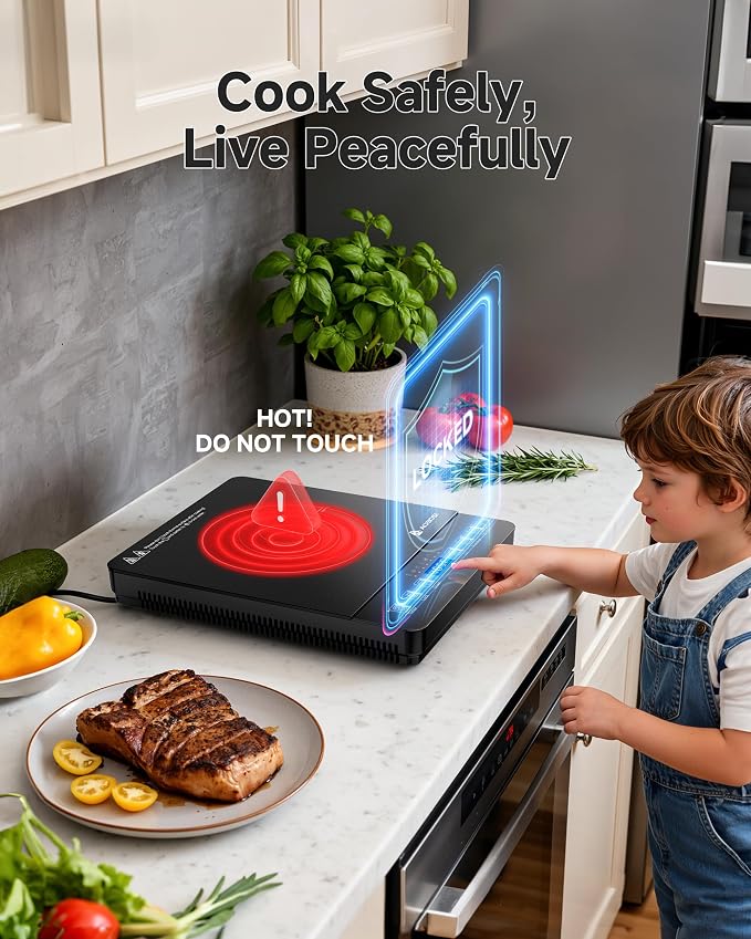 Portable Induction Cooktop 20 Temperature & Power Levels,1800W Single Burner Electric Cooktop with 6.8 inch Heating Coil, Hot Plate with Timer
