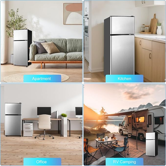 Mini Fridge with Freezer 4.0 Cu.Ft. Double-Door Mini Refrigerator Low Noise | 7-Level Adjustable Thermostat & Adjustable Glass Shelves, Compact Dorm Fridge 37 dB Low Noise for Bedroom, Apartment, Silver