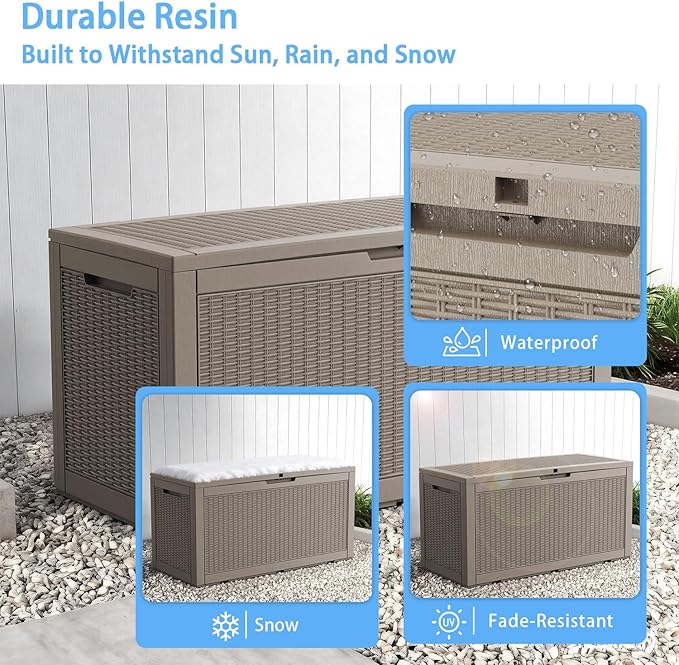 Pepe Tee Waterproof Resin Deck Box, Outdoor Storage Bin for Patio Furniture Cushions, All-Weather Garden Organizer & Seating Bench, Coffee
